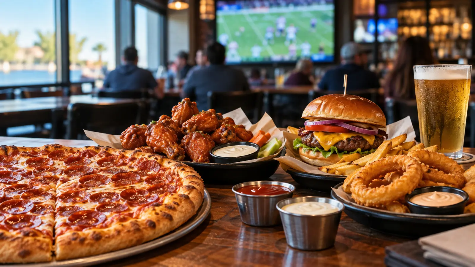 Pizza, chicken wings, burger, onion rings, fries, and a drink on a game-day table