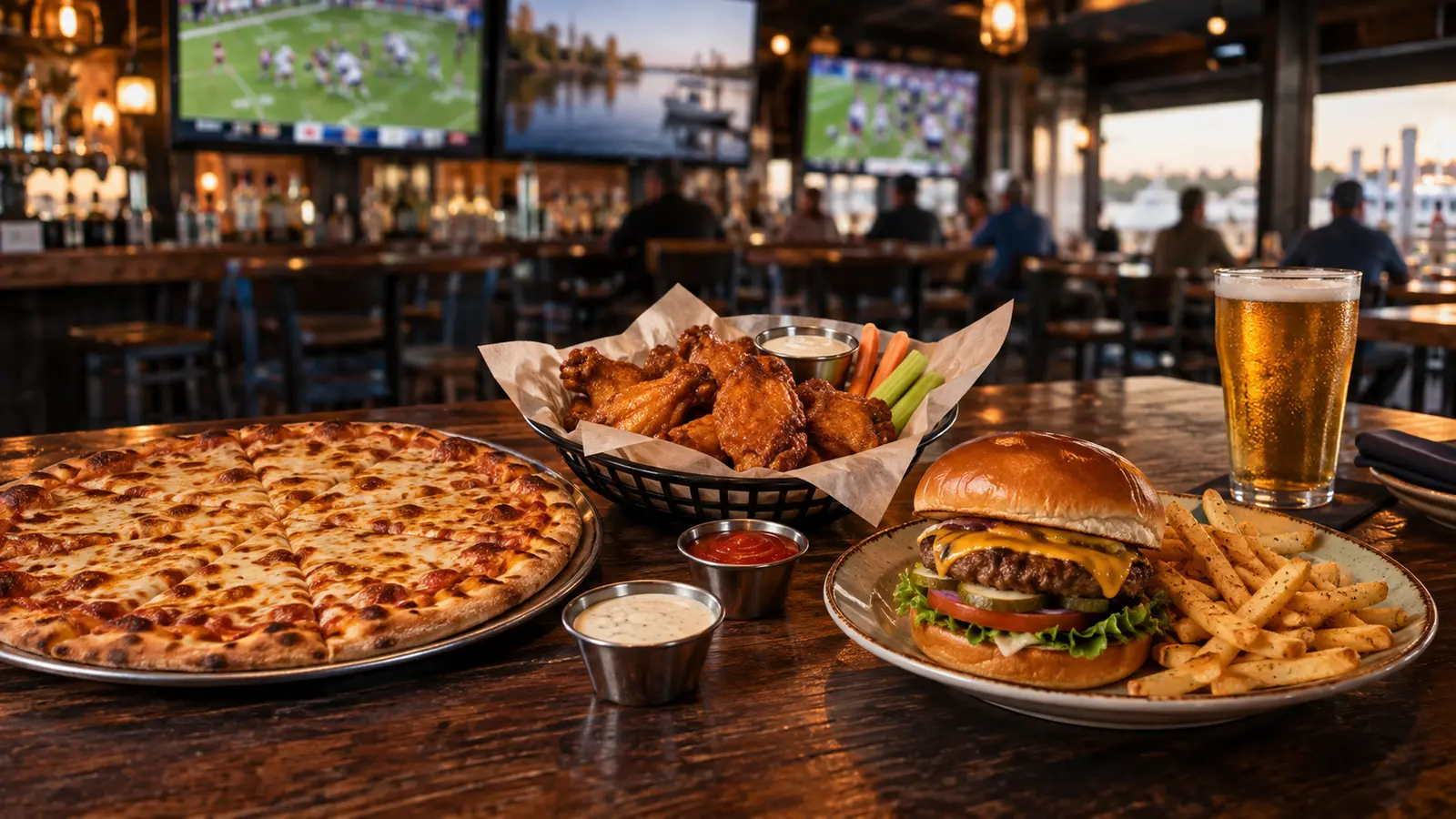 Pizza, chicken wings, burger, fries, and a cold drink on a casual sports bar table