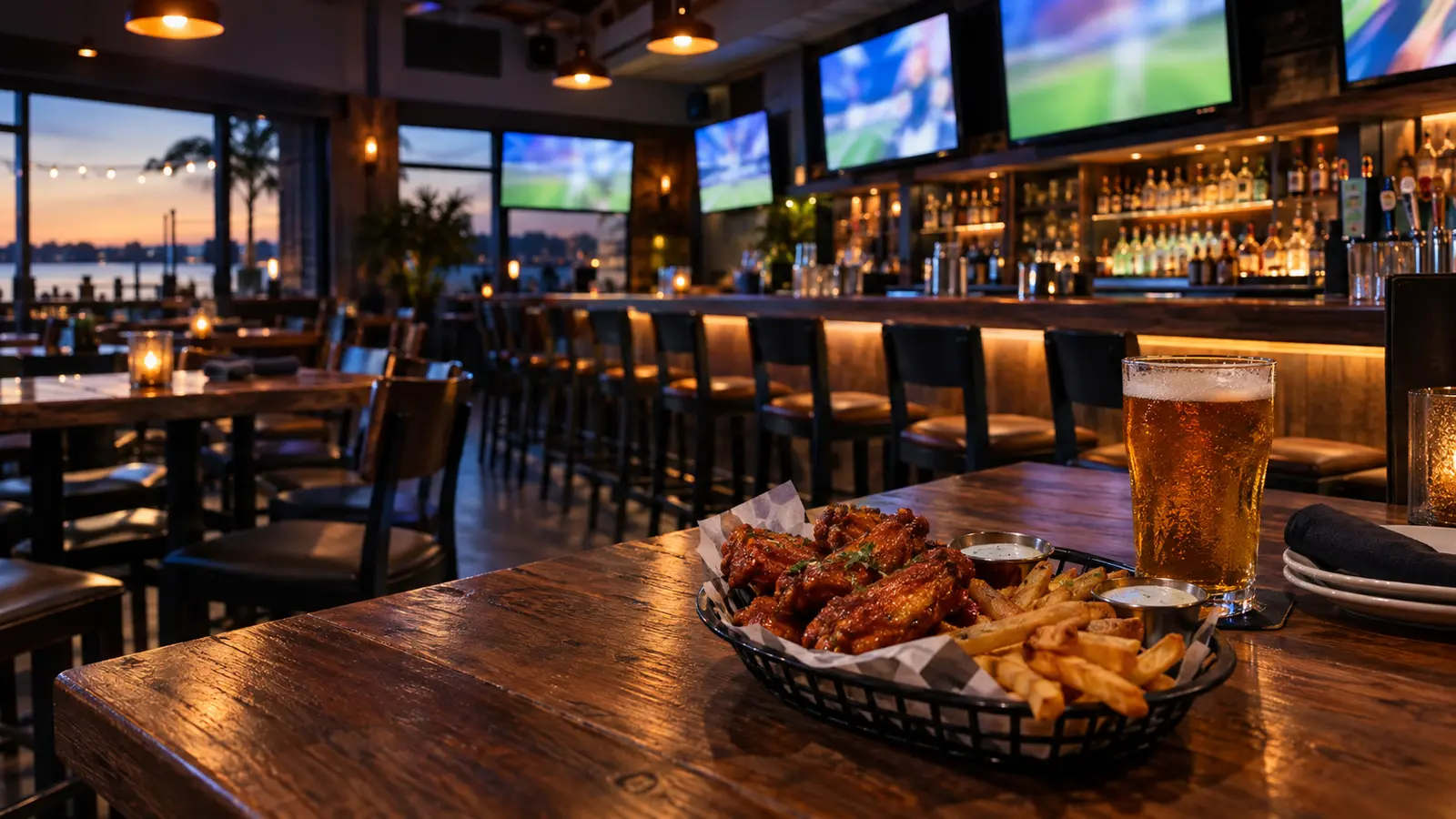 Wings and fries on a table inside a warmly lit sports bar with screens in the background