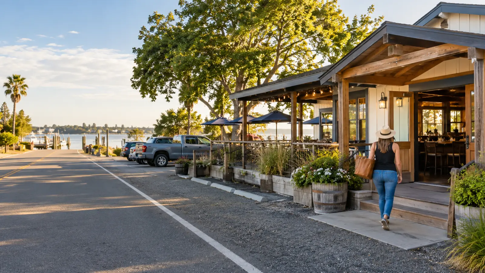 Unbranded casual waterfront bar and grill entrance beside a Delta road