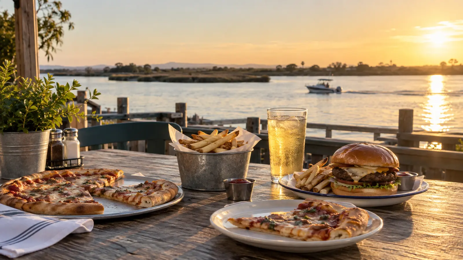 Casual pizza and burger meal on a table overlooking California Delta water