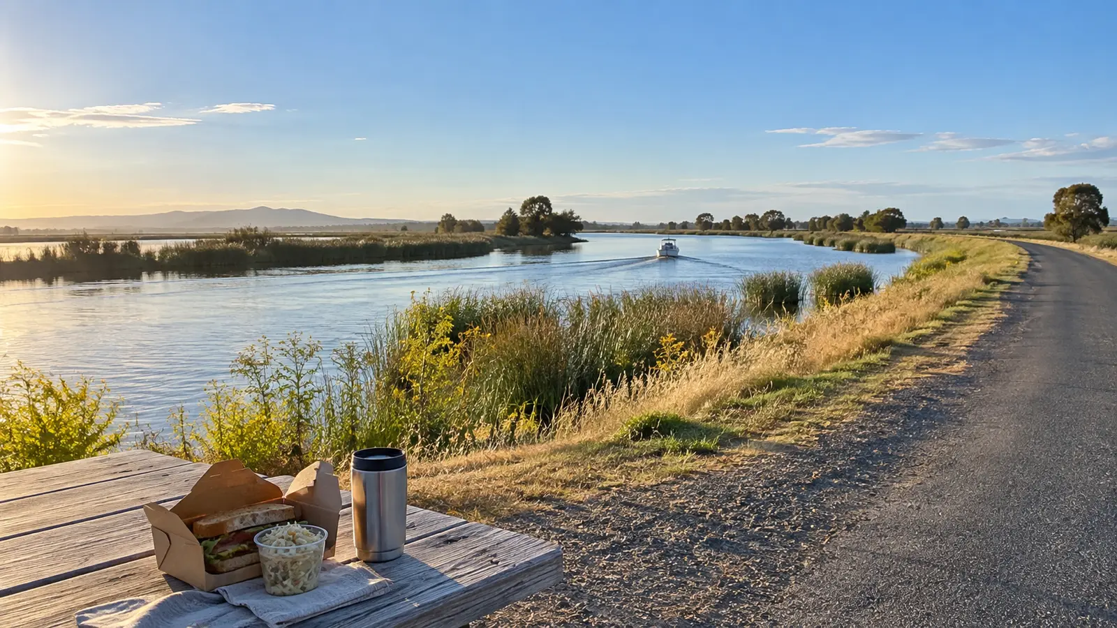 Scenic California Delta road beside calm water and marsh grass