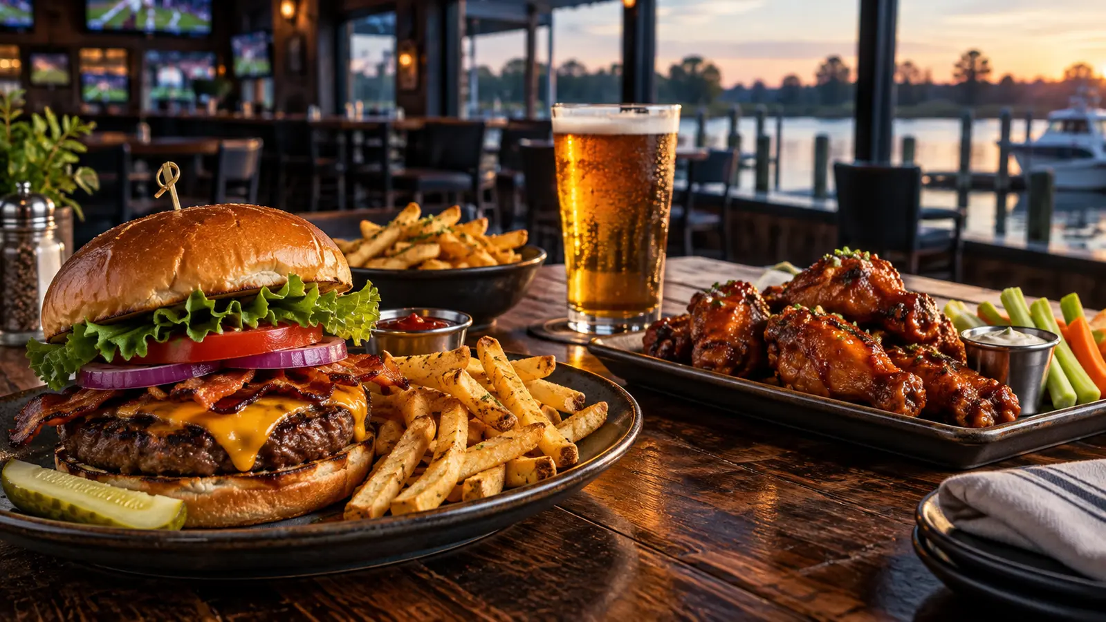 Burger, fries, wings, and a cold drink on a restaurant table overlooking the water