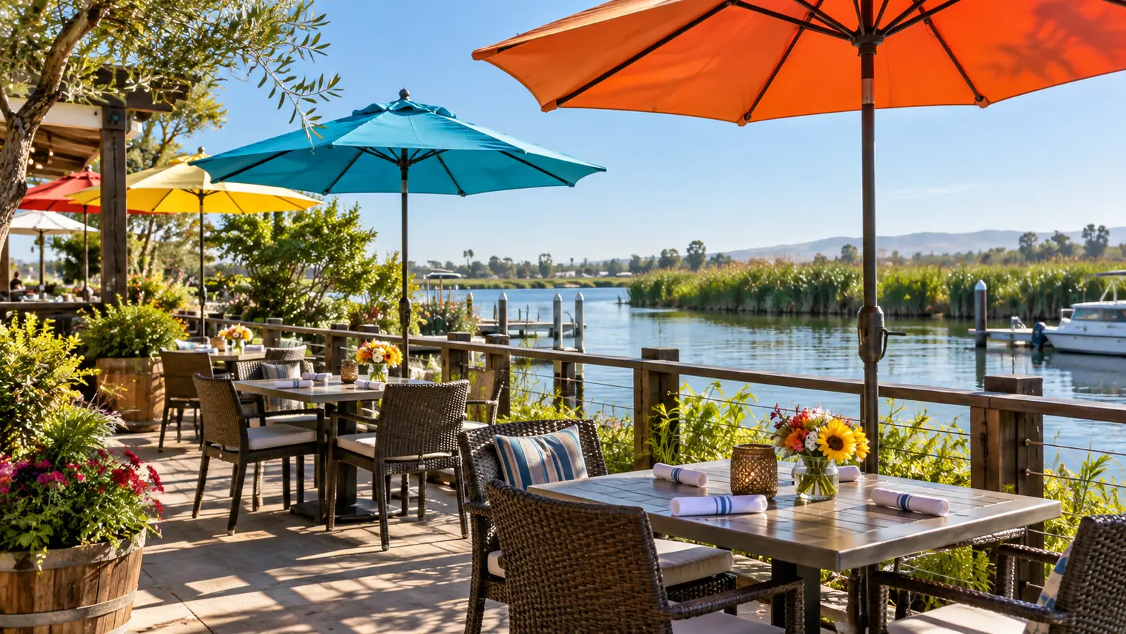 Colorful patio tables beside calm California Delta water