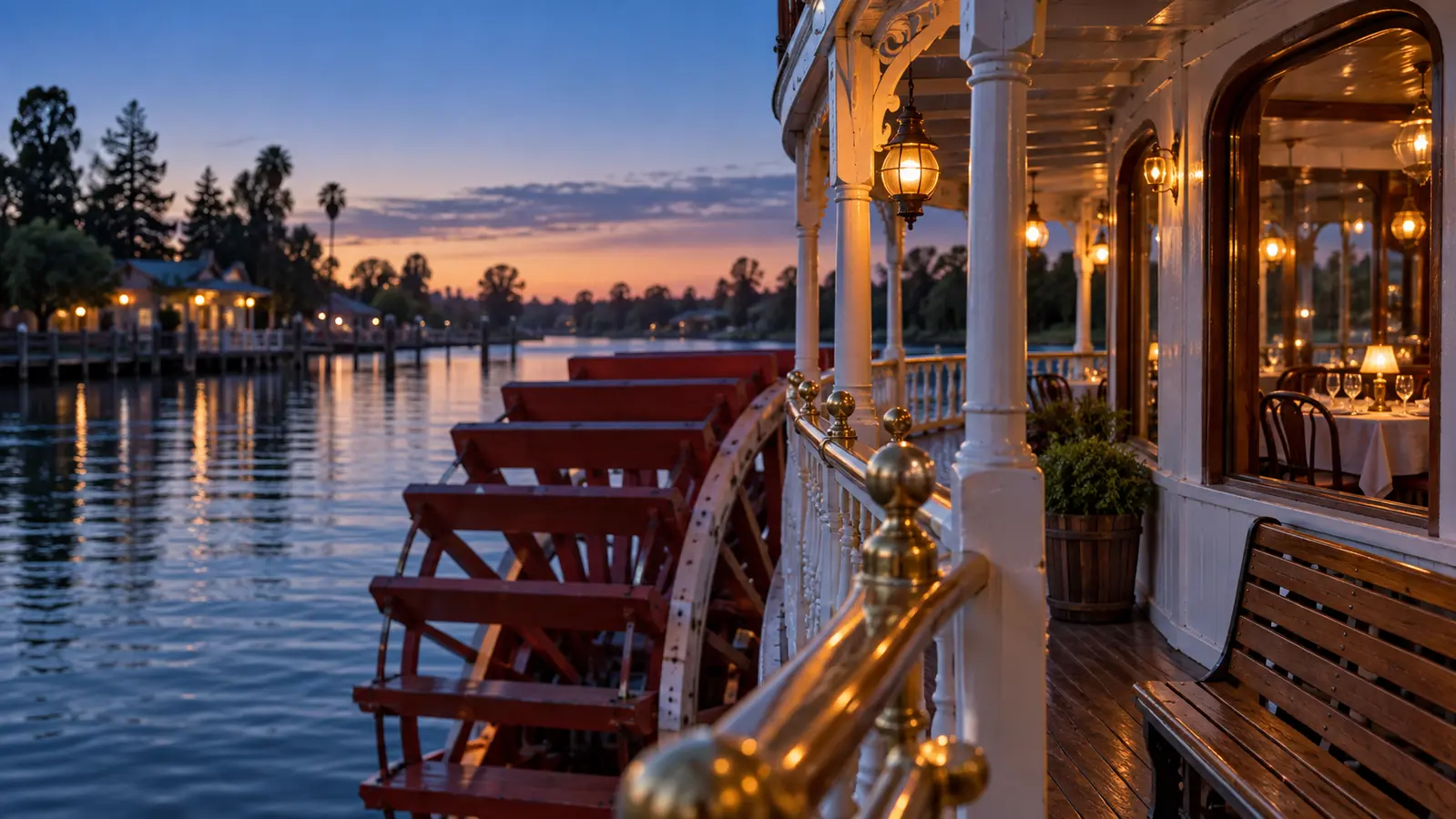 Warm lights on a vintage riverboat-inspired deck at blue hour