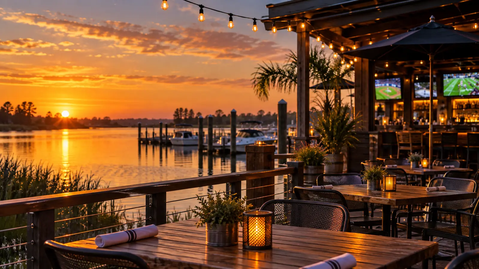 Cold drink and glowing sports bar patio at sunset