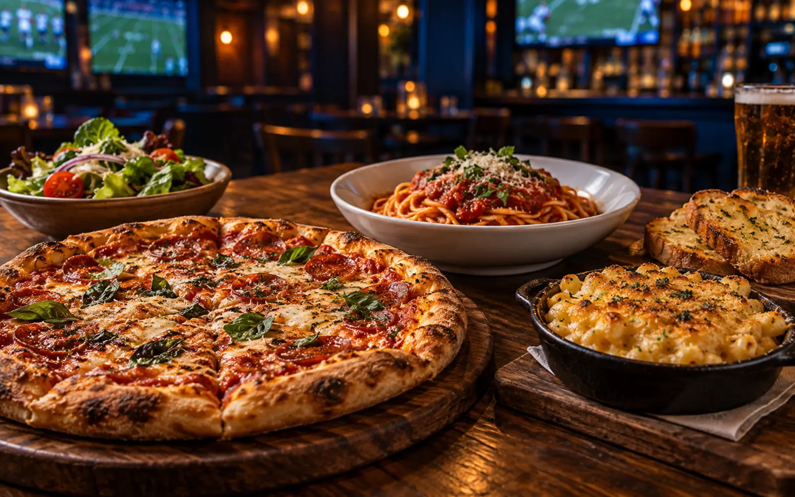 Pizza served with spaghetti, baked macaroni, garlic bread, and salad