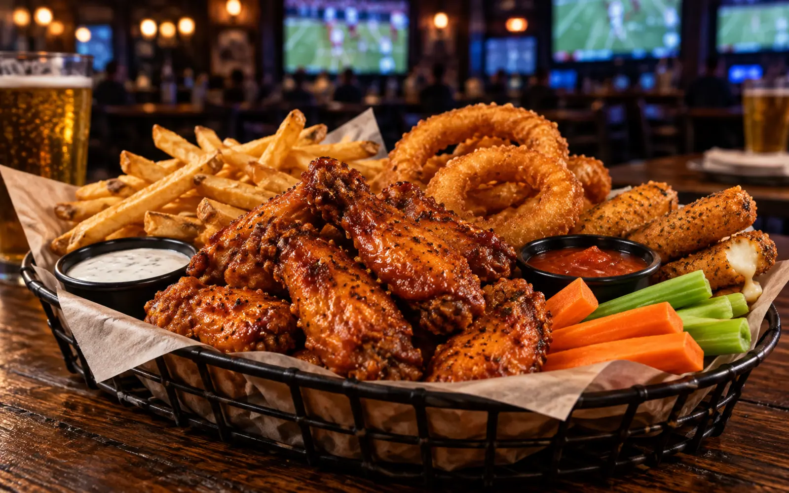 Fried chicken wings served with fries, onion rings, mozzarella sticks, and dipping sauces